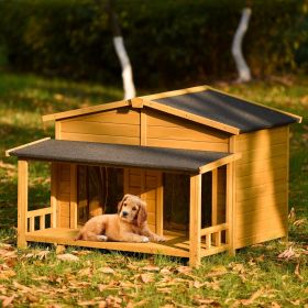 GO 47.2" Large Wooden Dog House Outdoor, Outdoor & Indoor Dog Crate, Cabin Style, With Porch, 2 Doors (Color: Wood)